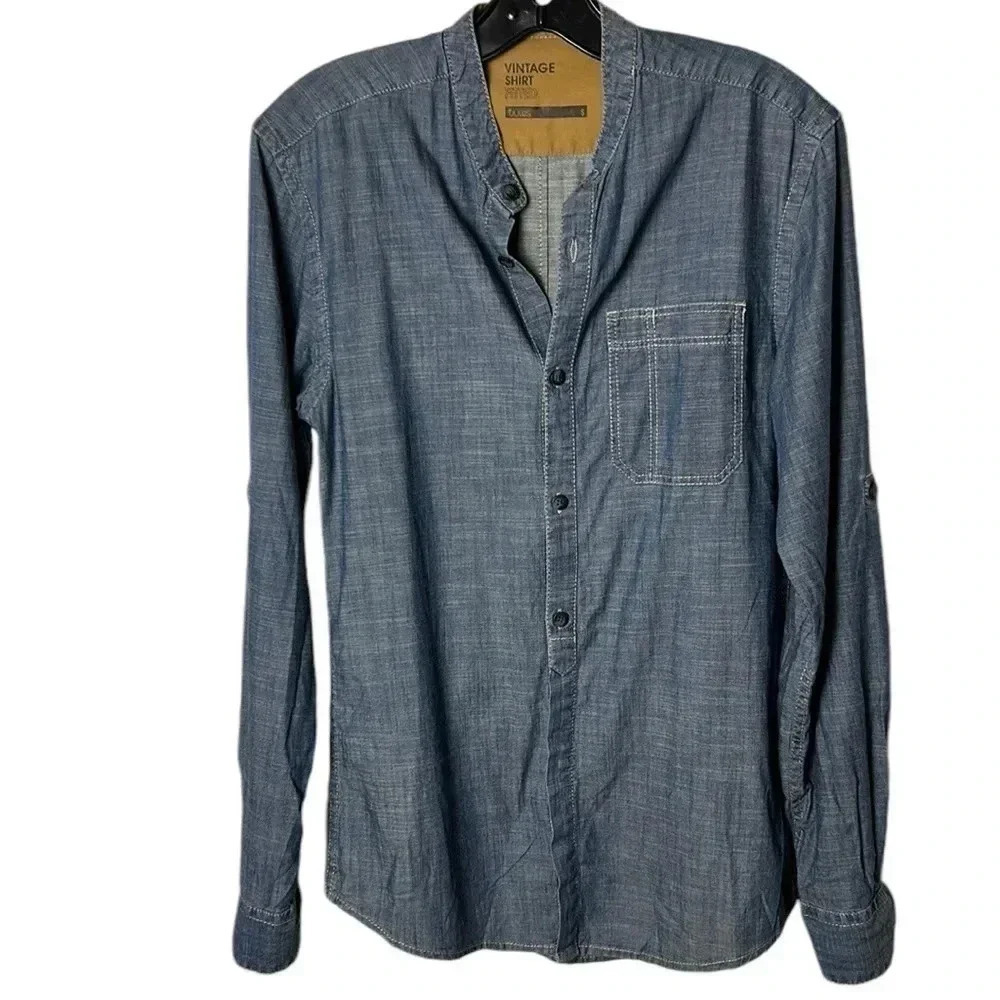 Jules stand collar denim shirt,men Small.cowboy,  masculine,cotton,two tone